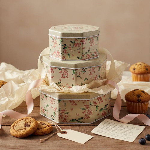 3pc cake storage tin - tin, floral